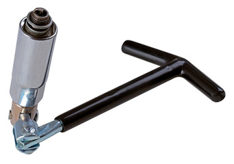 Car spark plug wrench with unscrewed spark plug. Isolated background.