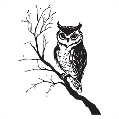
Black ink tattoo design of an owl sitting on a tree branch, simple and clean, on a white background.