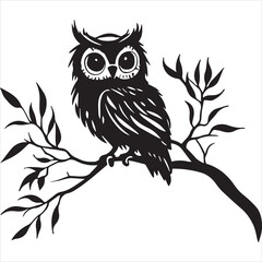 
Black ink tattoo design of an owl sitting on a tree branch, simple and clean, on a white background.