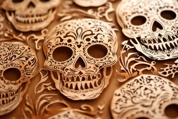 A papel picado banner with intricate skull and cross patterns. 