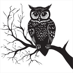 
Black ink tattoo design of an owl sitting on a tree branch, simple and clean, on a white background.