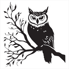 
Black ink tattoo design of an owl sitting on a tree branch, simple and clean, on a white background.