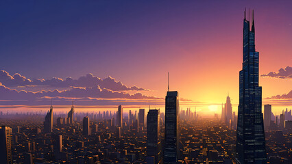 Obraz premium Silhouette of modern city at sunset 