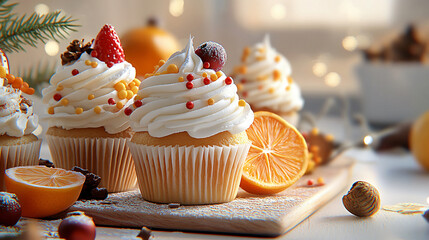 Delight in festive charm of holiday cupcakes adorned with vibrant decorations, featuring creamy frosting, colorful sprinkles, and fresh fruit accents