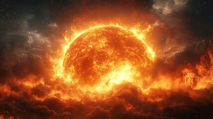 Obraz premium A fiery, burning sun dominates the cloudy sky, representing heat and power.