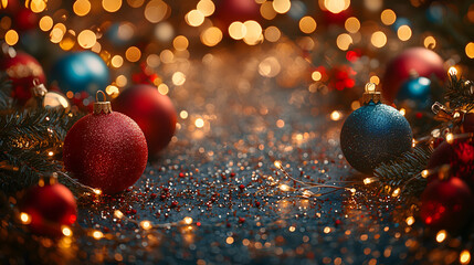 Christmas Ornaments and Fairy Lights Scattered on a Table