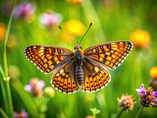 Naklejka premium Elegant Marsh Fritillary (Euphydryas aurinia) wings grace the sky, captured by drone.