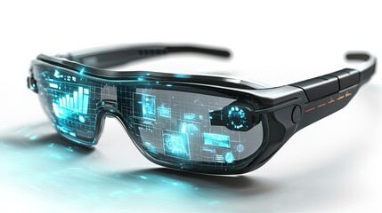 Futuristic glasses display digital graphics, merging technology and eyewear for an immersive experience.