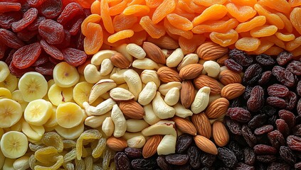 A variety of nuts and dried fruit are displayed in a colorful arrangement. Concept of abundance and variety, as well as the idea of healthy snacking. Background of delicious dried fruits and nuts.