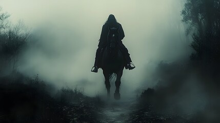 Mysterious Horseman in Foggy Landscape