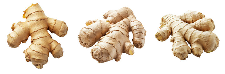 Fototapeta premium Set of Fresh ginger root alongside finely grated ginger isolated on a clean white surface on transparent background. Ai generated
