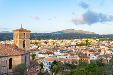 Obraz premium Aerial view of the Mallorcan town of Arta, on the island of Mallorca at sunrise. Spain