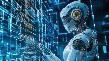 A futuristic robot interacts with digital data, illuminated by a glowing blue backdrop, showcasing advanced technology and artificial intelligence.