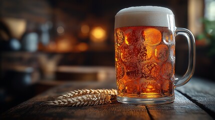 Frosty Beer Mug with Amber Lager and Wheat on a Rustic Wooden Table in Warm Bar Lighting. Concept of Refreshment and Craft Brewing