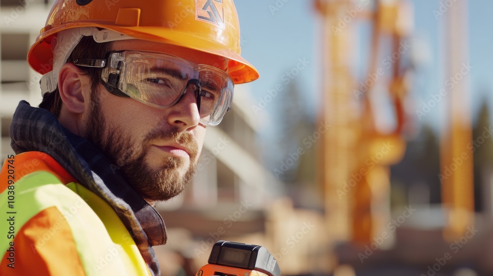 Poster a close-up of a construction worker in a bright orange hard hat and reflective vest, checking measur