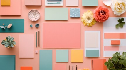 Flat Lay of Colorful Stationery and Flowers