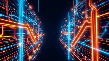 Obraz premium Abstract Digital Orange Blue Teal Circuit Pattern Lines Technology Connectivity Data