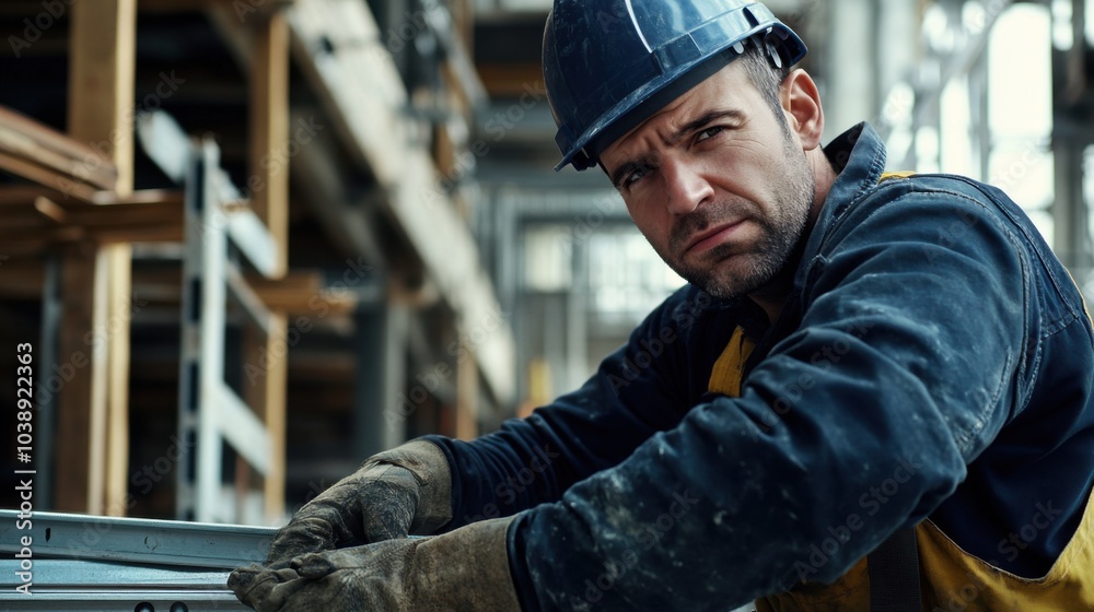 Poster A close-up of a construction worker in a dark blue hard hat and work uniform, measuring with a tape measure and looking at the camera, with a backdrop of construction site and measuring tools