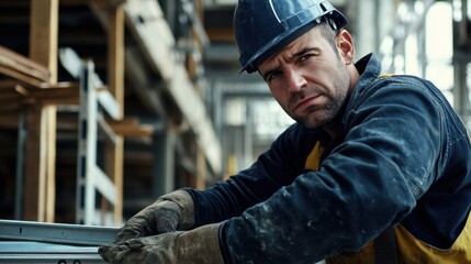 A close-up of a construction worker in a dark blue hard hat and work uniform, measuring with a tape measure and looking at the camera, with a backdrop of construction site and measuring tools
