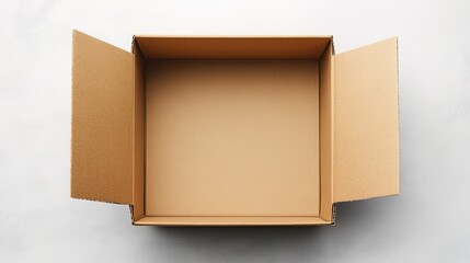 Top view of an open, empty cardboard box mockup on a light background