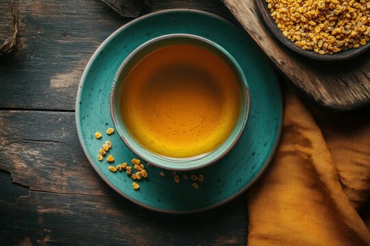 Yellow tea and a plate of fenugreek seeds on a rustic wooden table viewed from above