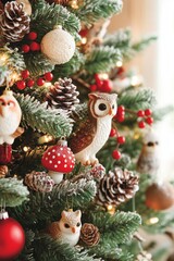 beautifully decorated Christmas tree adorned with woodland-themed ornaments