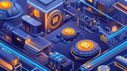 A futuristic digital landscape featuring Bitcoin symbols, interconnected systems, and vibrant neon colors, emphasizing cryptocurrency technology.