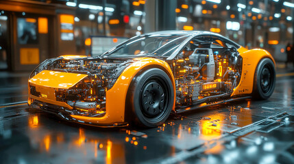 Obraz premium Futuristic sports car cross-section, revealing intricate mechanical and electrical components in a hyper-detailed design