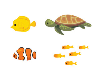 Fishes and turtle swimming. Cartoon clownfish.