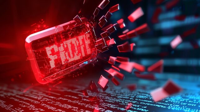 A red 'System Failure' error flashing across a pixelated, glitchy background, with distorted binary code and broken security symbols.