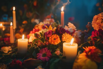 An ofrenda with lit candles, incense, and vibrant flowers. 