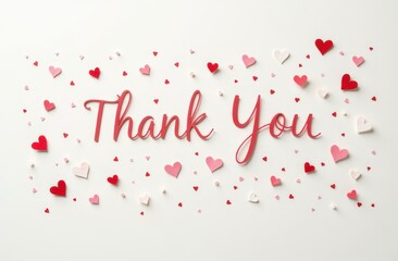 thank you text with swirling lines and confetti red hearts on light background