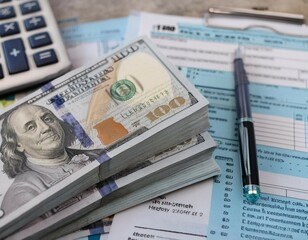 Taxation and financial obligations featuring elements like tax forms, calculators, and money representing responsibility, payments, and finance.