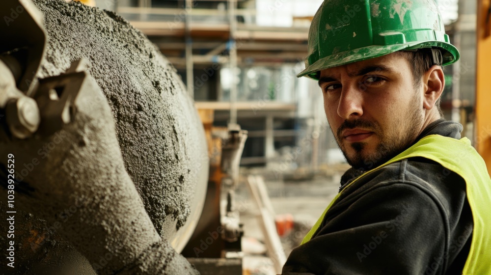 Poster a close-up of a construction worker in a green hard hat and gloves, operating a power drill and look