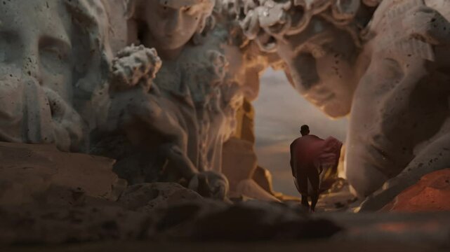 Prometheus is among the ancient gods. A stranger in a cape walks along a path between giant sculptures in the rocks