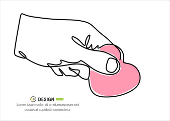 Hand holding heart continuous one line drawing. Love concept. Vector isolated on white.