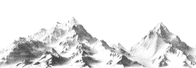 Abstract stippled mountain range in overlay pointillism grunge texture style. Vintage photocopy of snowy hill chain, mount landscape with grainy noise. Retro halftone vector illustration