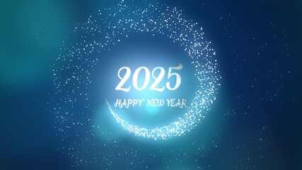 And on a blue background with bokeh, the letters of 2025 Happy New Year appear, particles fly around in a circle. Greeting animation for the New Year holiday.