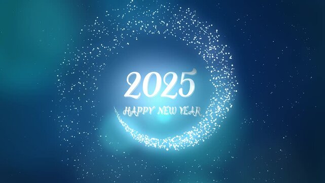 And on a blue background with bokeh, the letters of 2025 Happy New Year appear, particles fly around in a circle. Greeting animation for the New Year holiday.