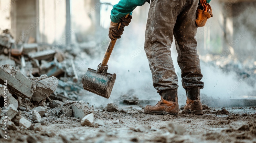 Poster a close-up of a construction worker in a green hard hat and work boots, using a sledgehammer to driv