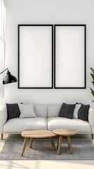 Mockup empty, blank straight modern thin black picture frame with shadowgap and with 3:4 aspect-ratio in the center, hanging on a white wall