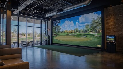 Modern indoor golf simulator room with a large screen displaying a golf course 