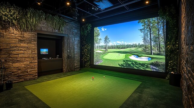 Modern indoor golf simulator room with a large screen displaying a golf course 