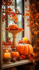 Halloween pumpkins and leaves decoration.