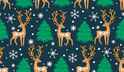 Cartoon seamless pattern with reindeer and spruce trees.Blue background with snowflakes and falling snow.Cute character decorated with ornament.Christmas print on fabric and paper.Vector illustration. © Alla