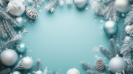 Christmas background with silver and blue ornaments, frosted pine branches, and snowflakes forming a festive frame on a light blue surface, with copy space in the center