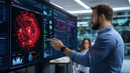 Analyzing Data on High-Tech Interactive Display in Modern Office Environment