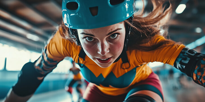 A thrilling action shot of roller derby skaters racing around an indoor rink. The intense focus is on the leading female skater in full gear, showcasing speed and determination