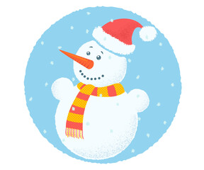 Vector illustration of a cute snowman in Santa hat for winter holidays. Banner of cute snowman for Christmas.