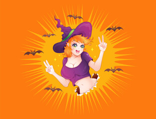 Vector illustration of a witch for Halloween in kawaii manga style. Vector illustration of a witch girl for Halloween party.